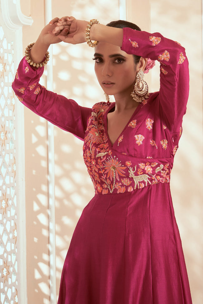 Pink Silk Organza Embroidered Anarkali Set