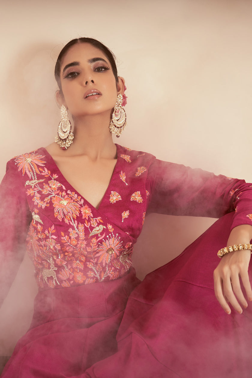 Pink Silk Organza Embroidered Anarkali Set