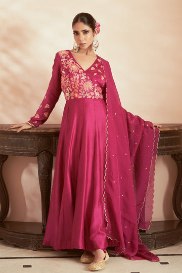 Pink Silk Organza Embroidered Anarkali Set