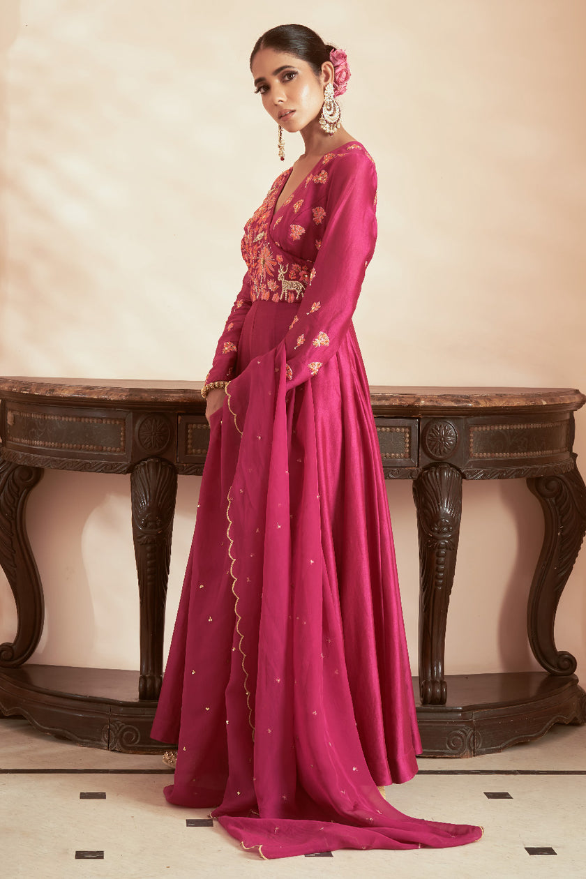 Pink Silk Organza Embroidered Anarkali Set
