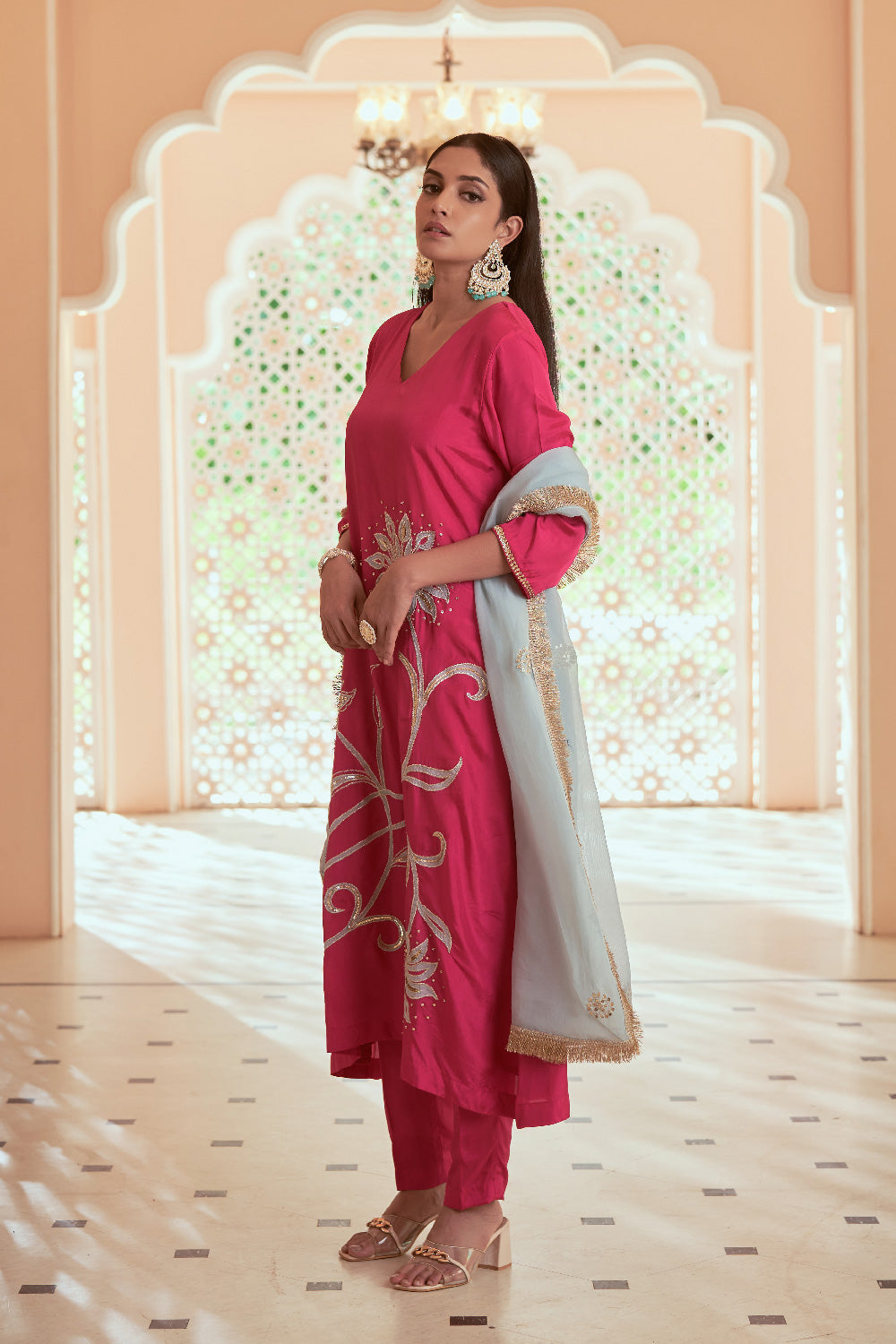 Pink Habutai Silk Embroidered Kurta Set