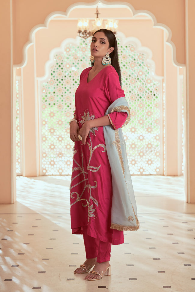 Pink Habutai Silk Embroidered Kurta Set