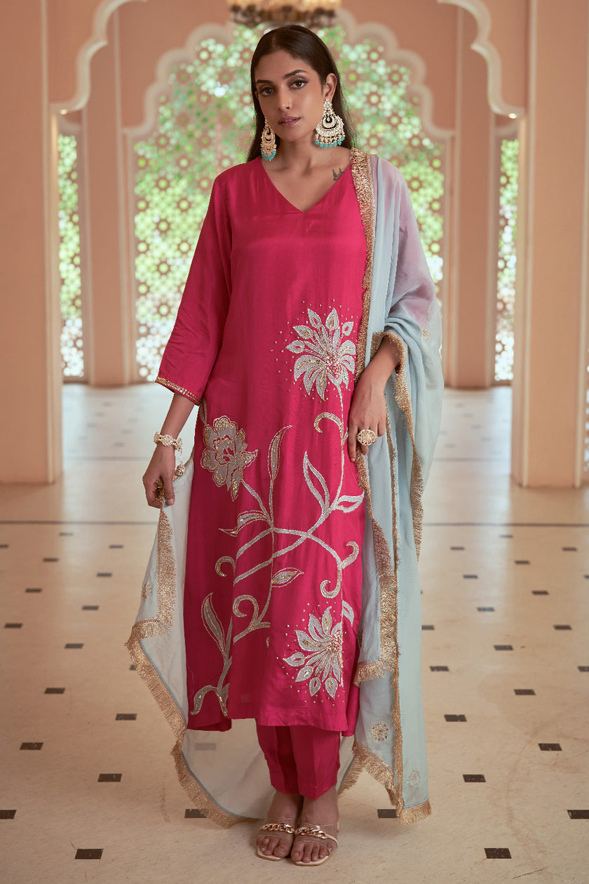 Pink Habutai Silk Embroidered Kurta Set