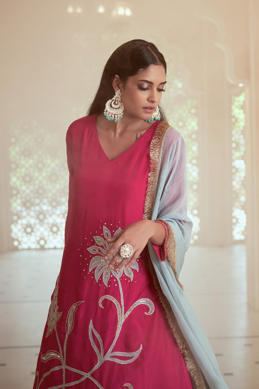 Pink Habutai Silk Embroidered Kurta Set