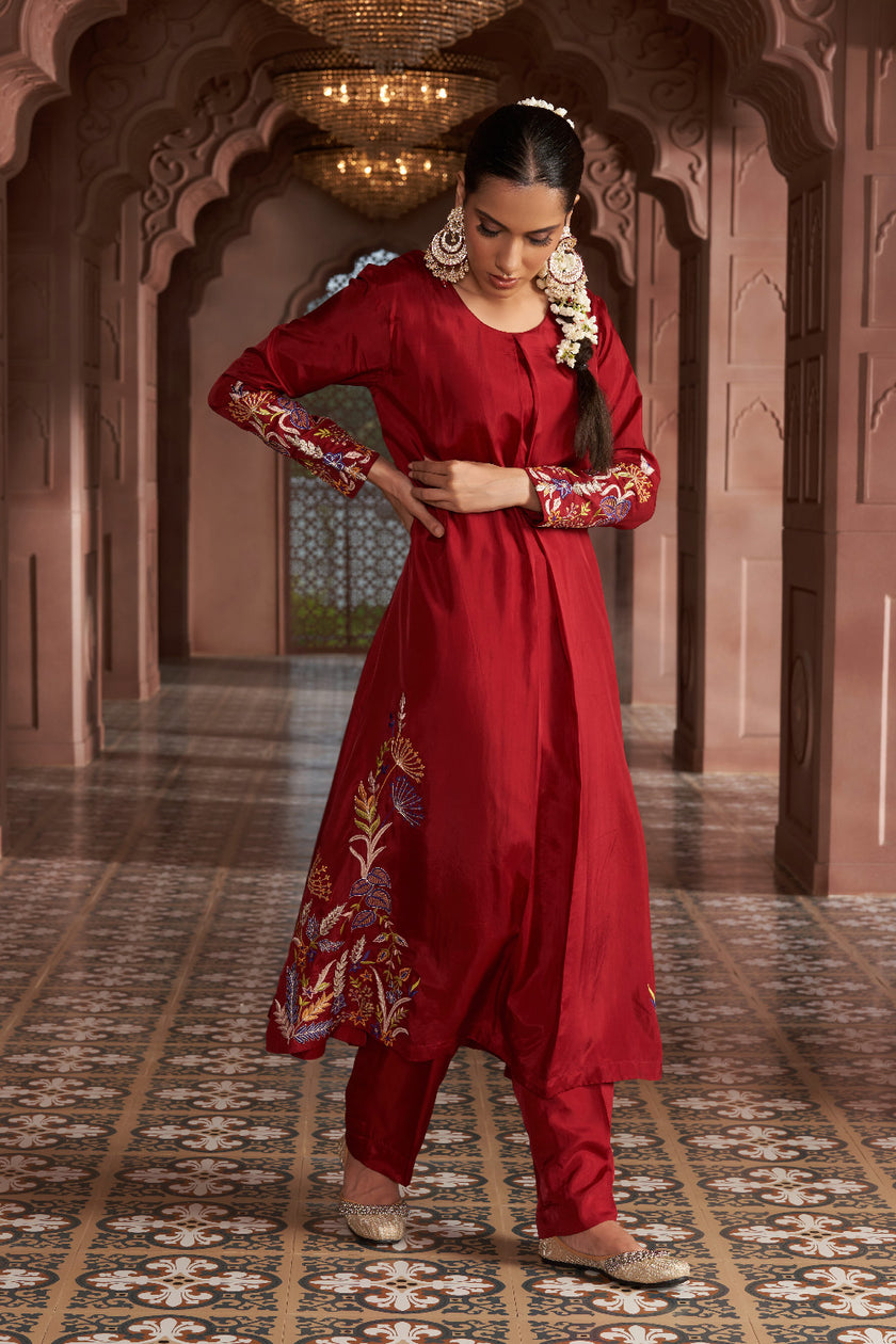Maroon Silk Embroidered kurta set