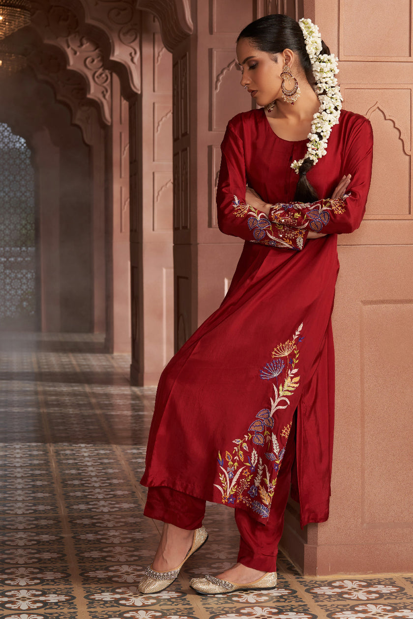 Maroon Silk Embroidered kurta set