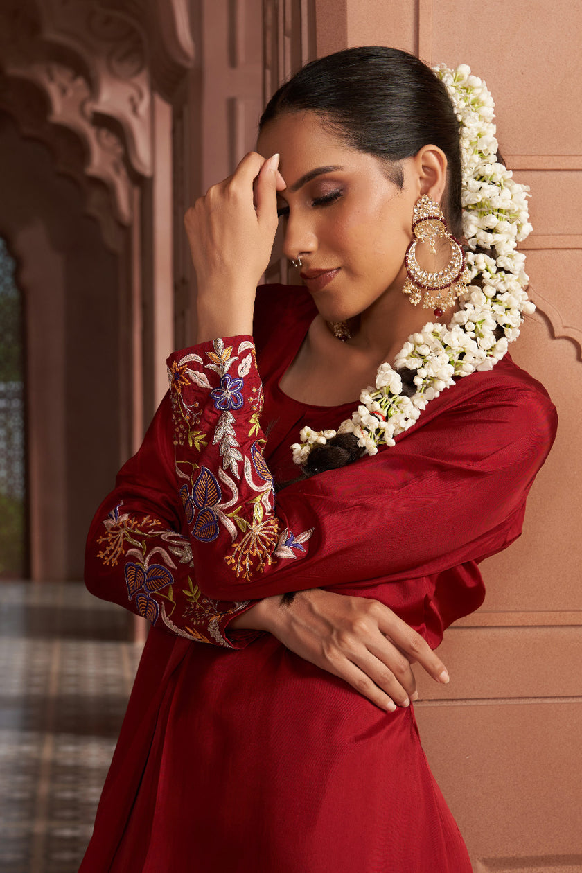 Maroon Silk Embroidered kurta set
