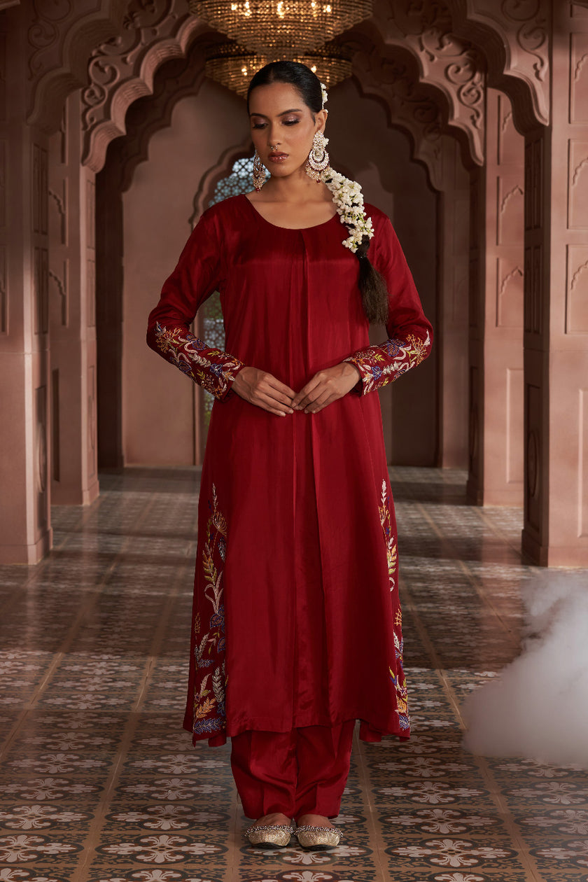 Maroon Silk Embroidered kurta set