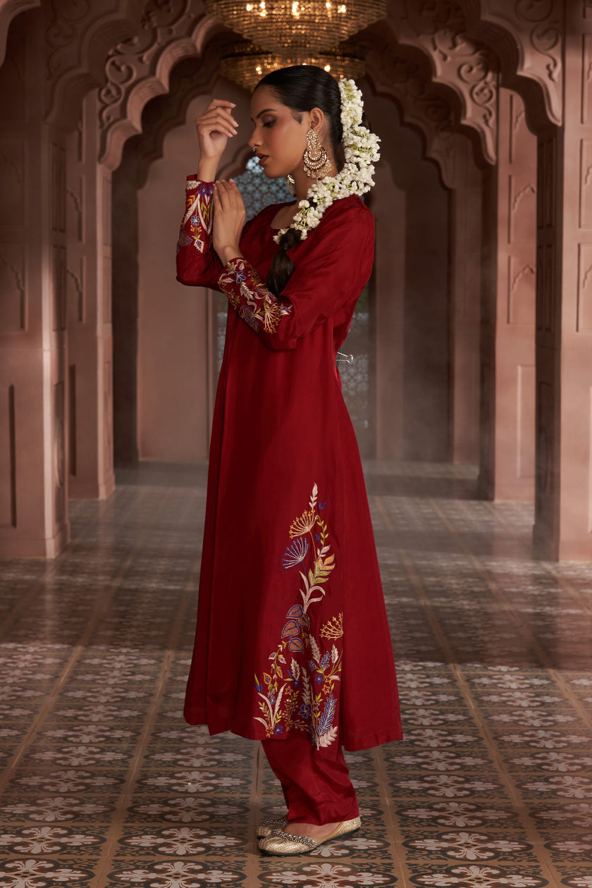 Maroon Silk Embroidered kurta set