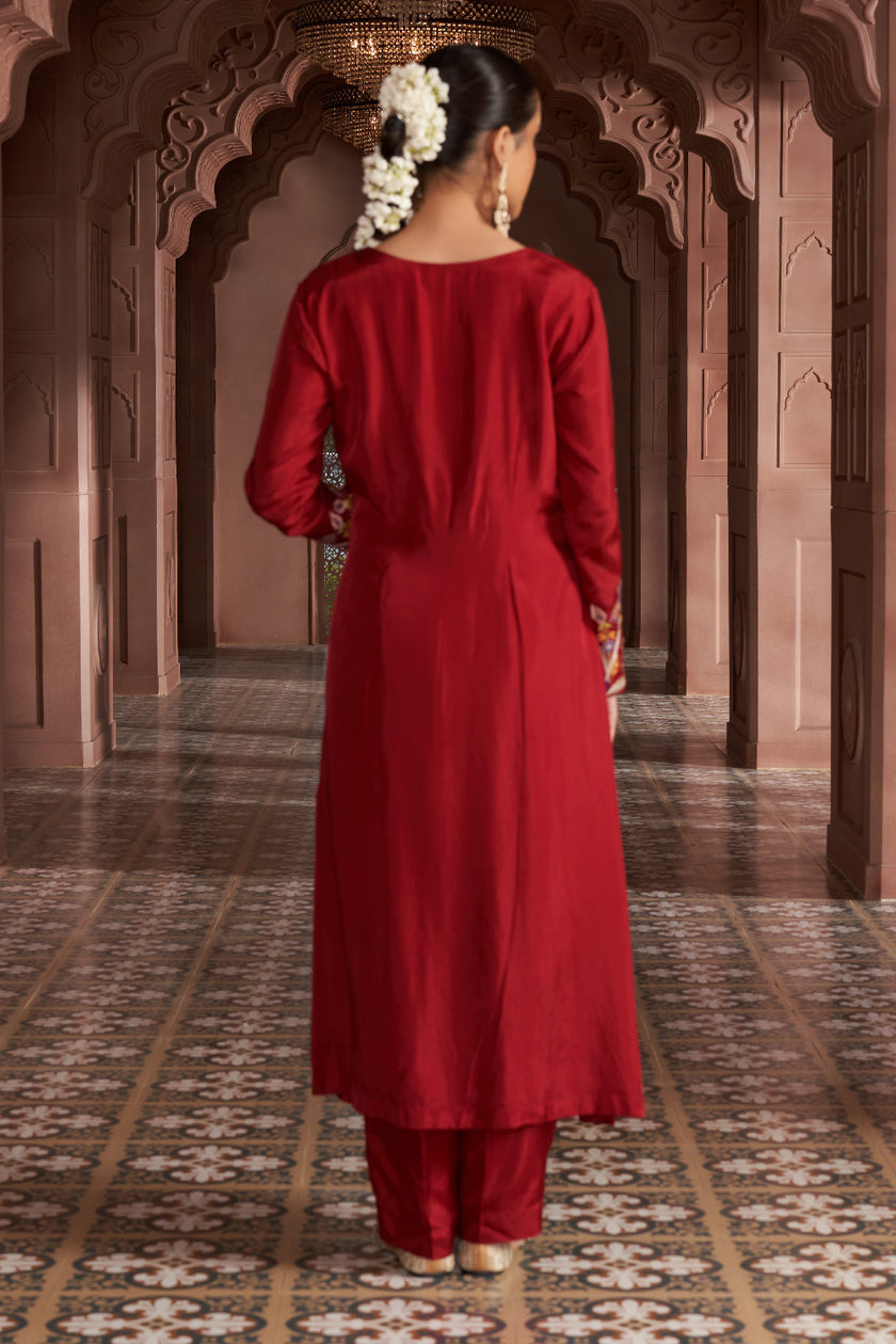 Maroon Silk Embroidered kurta set
