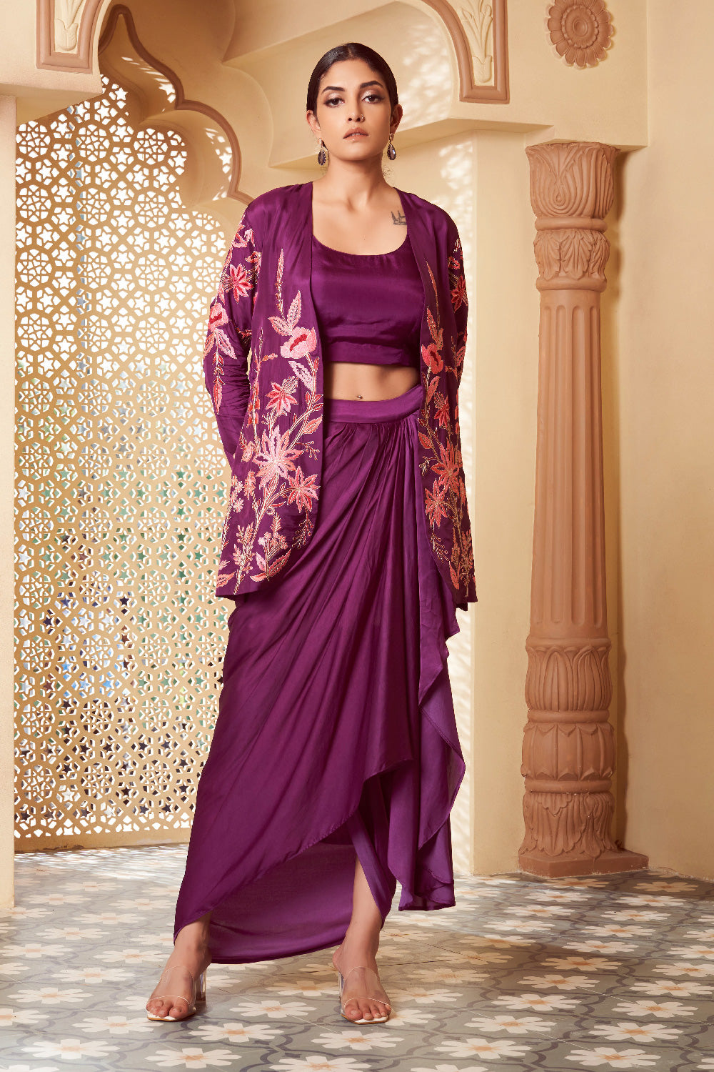 Purple Silk Embroidered Fusion Wear