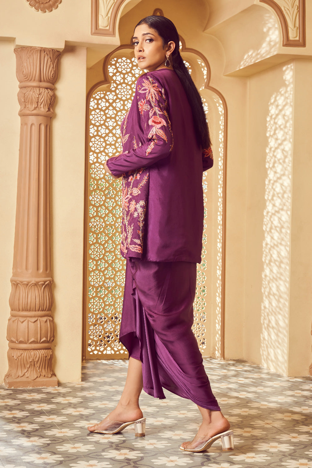 Purple Silk Embroidered Fusion Wear
