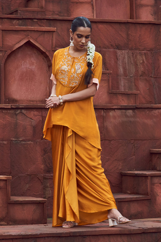 Mustard Yellow Satin Embroidered Sharara Kurta Set