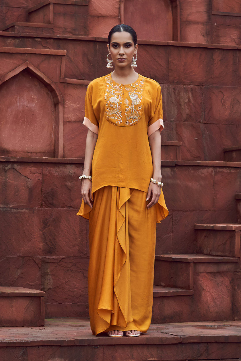 Mustard Yellow Satin Embroidered Sharara Kurta Set
