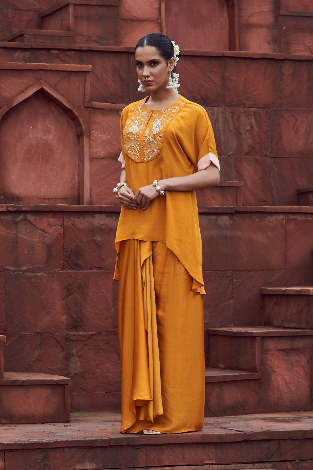 Mustard Yellow Satin Embroidered Sharara Kurta Set