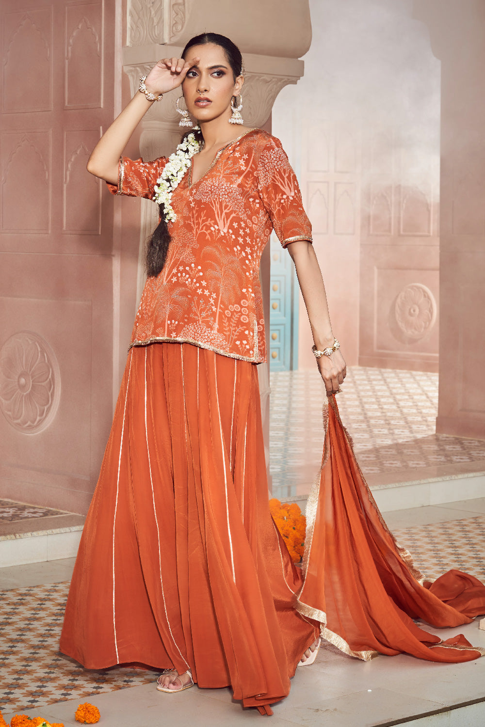 Rust Orange Organza Embroidered Kurta Set