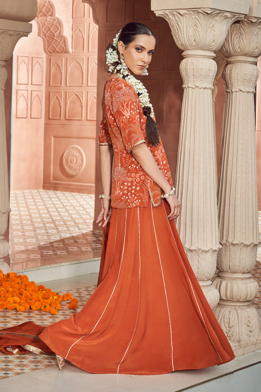 Rust Orange Organza Embroidered Kurta Set