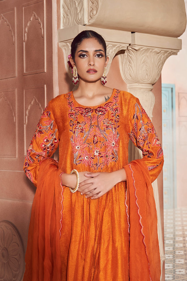 Mustard Orange Silk Embroidered Kurta Set