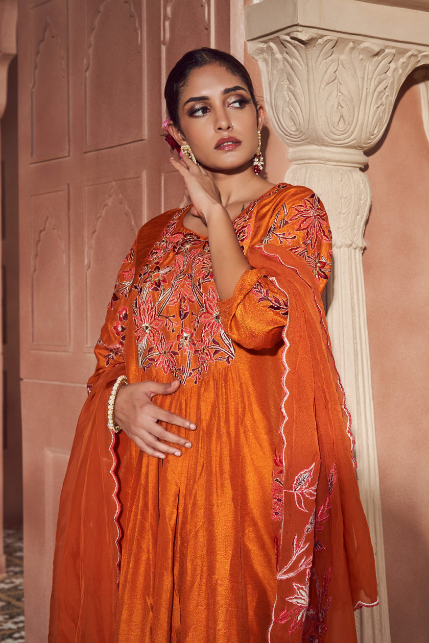 Mustard Orange Silk Embroidered Kurta Set