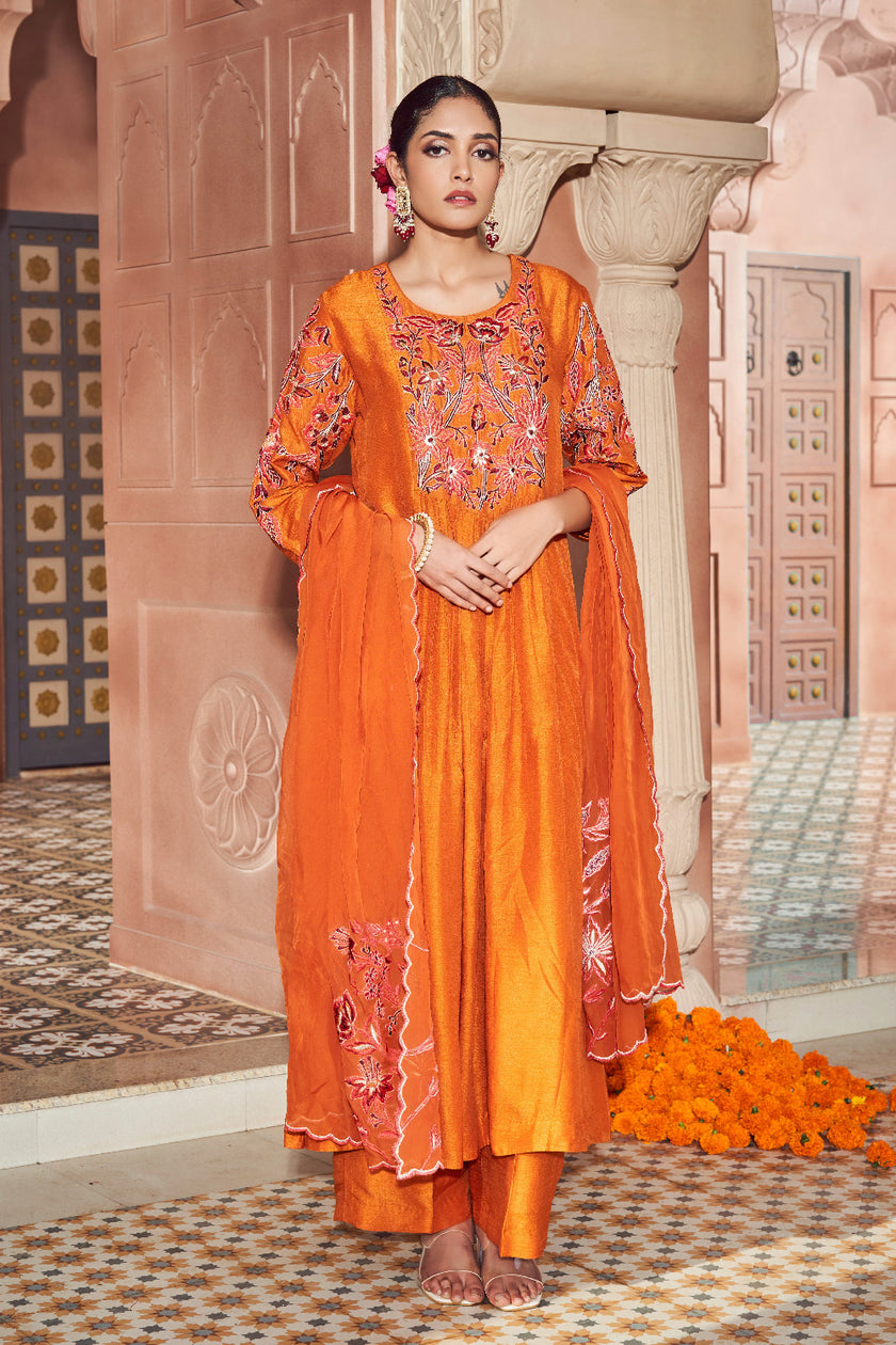 Mustard Orange Silk Embroidered Kurta Set