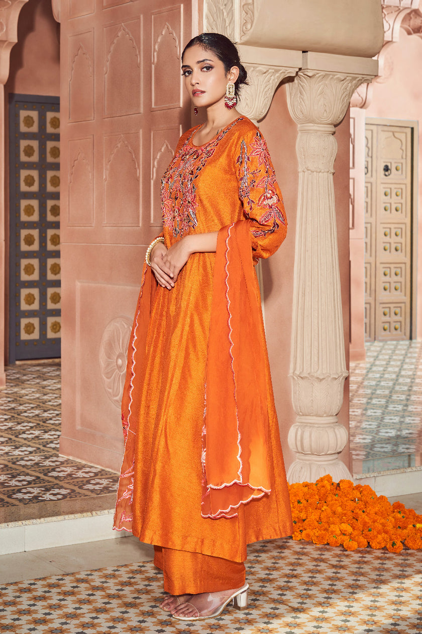 Mustard Orange Silk Embroidered Kurta Set