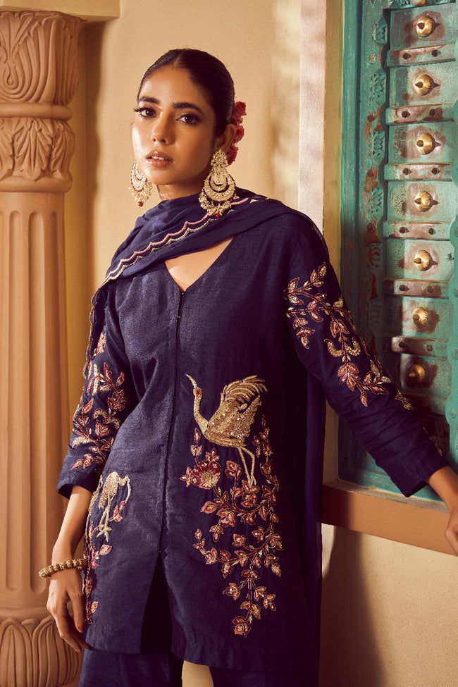 Navy Silk Organza Embroidered Kurta Set