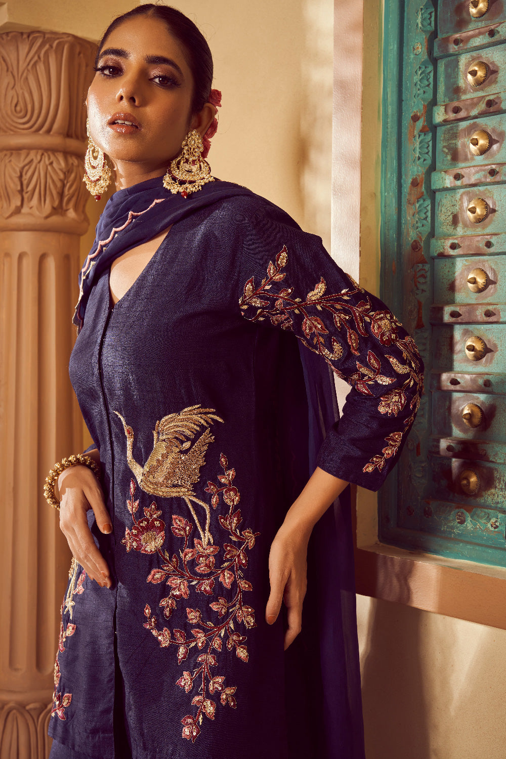 Navy Silk Organza Embroidered Kurta Set