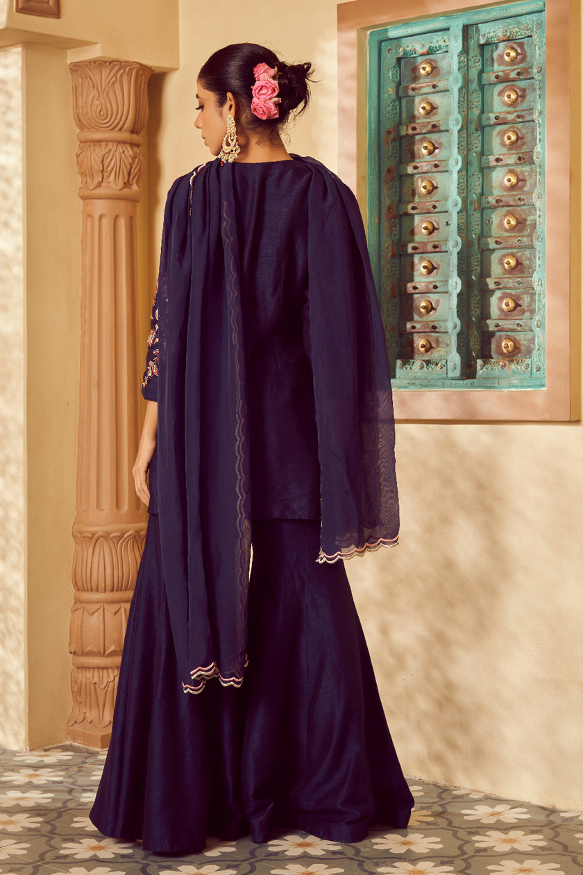 Navy Silk Organza Embroidered Kurta Set