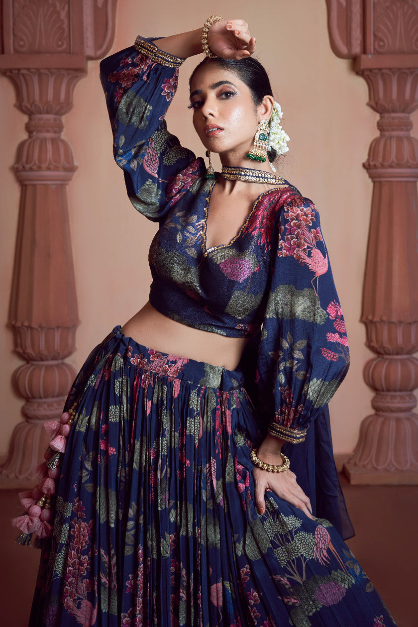 Navy Blue Bemberg Crepe & Organza Embroidered Lehenga Set