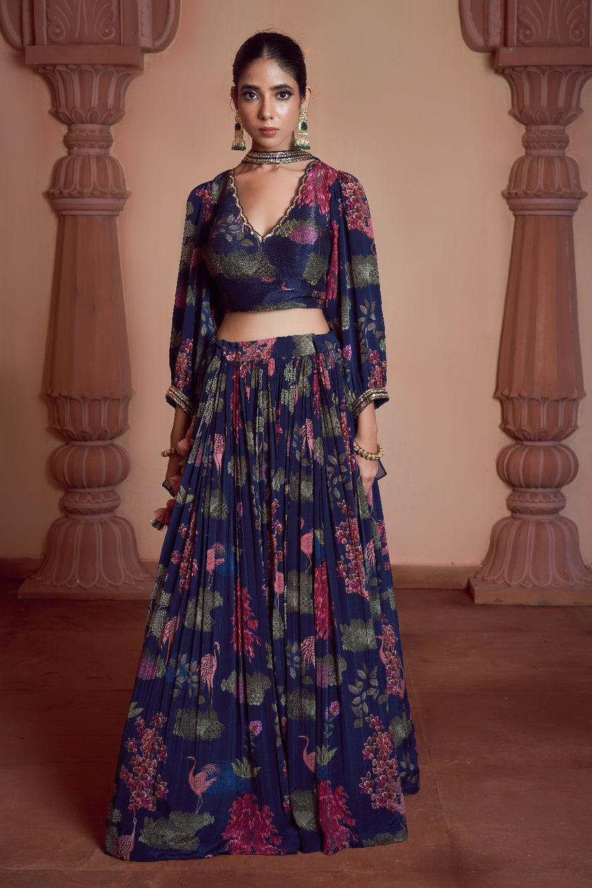 Navy Blue Bemberg Crepe & Organza Embroidered Lehenga Set
