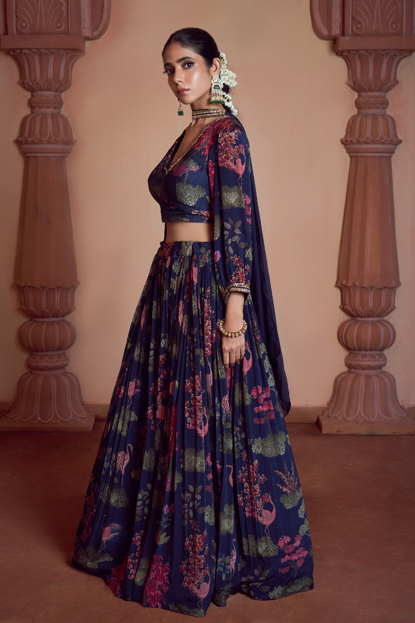Navy Blue Bemberg Crepe & Organza Embroidered Lehenga Set