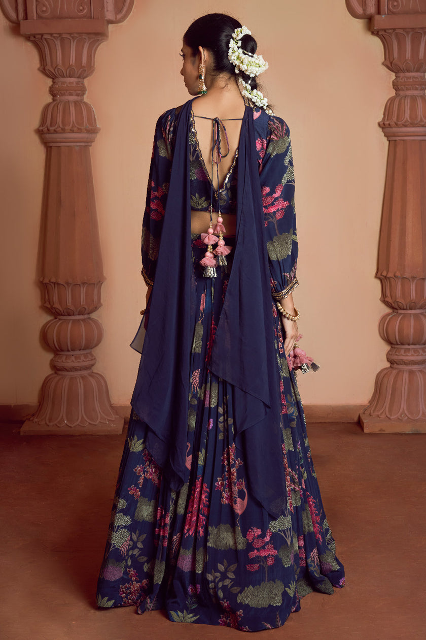 Navy Blue Bemberg Crepe & Organza Embroidered Lehenga Set
