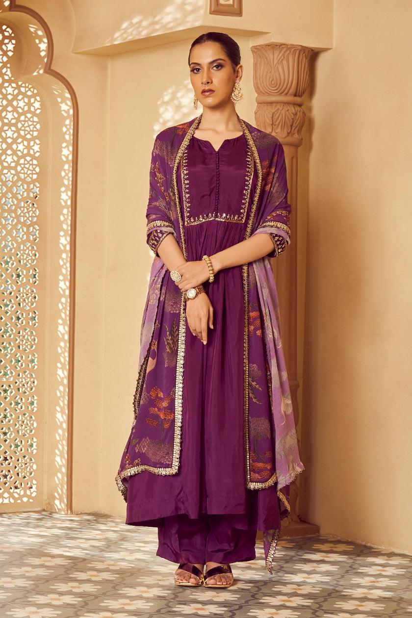 Purple Silk Georgette Zardosi Embroidered Kurta Set