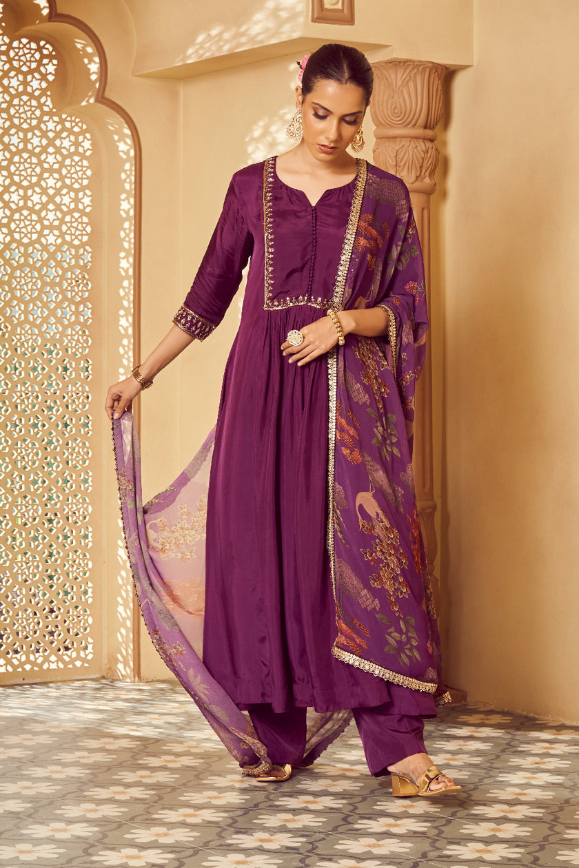Purple Silk Georgette Zardosi Embroidered Kurta Set