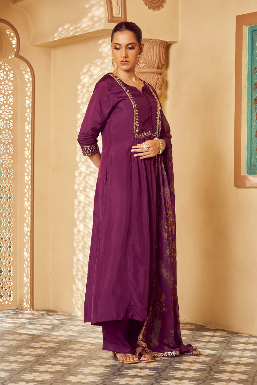 Purple Silk Georgette Zardosi Embroidered Kurta Set