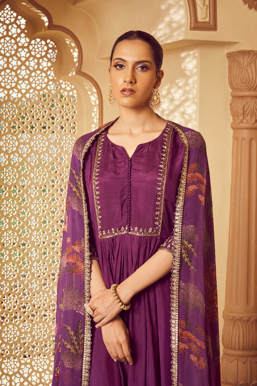 Purple Silk Georgette Zardosi Embroidered Kurta Set