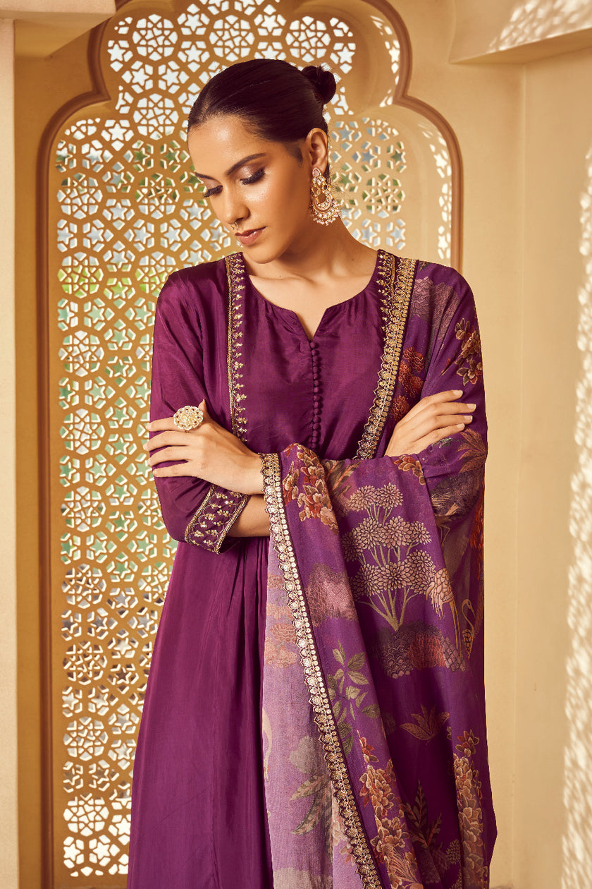 Purple Silk Georgette Zardosi Embroidered Kurta Set