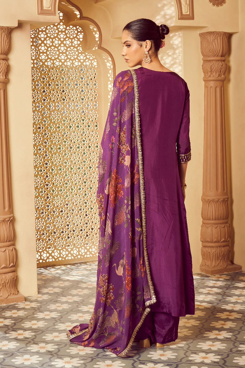 Purple Silk Georgette Zardosi Embroidered Kurta Set