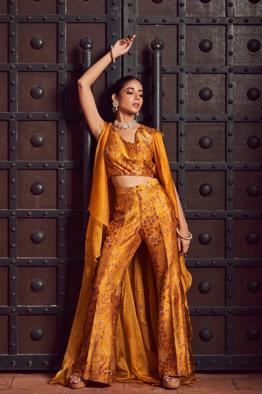 Mustard Silk Organza Printed Fusion Wear