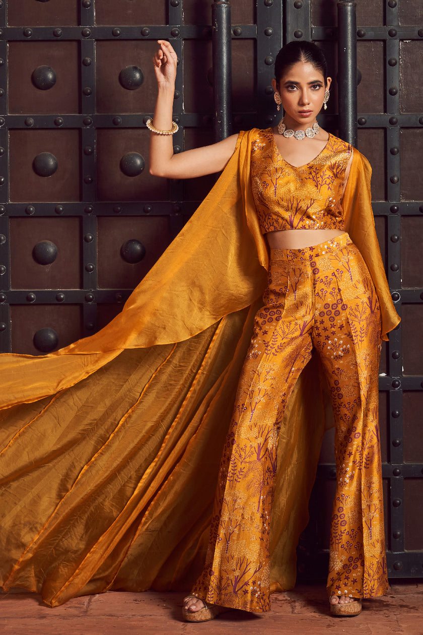 Mustard Silk Organza Printed Fusion Wear