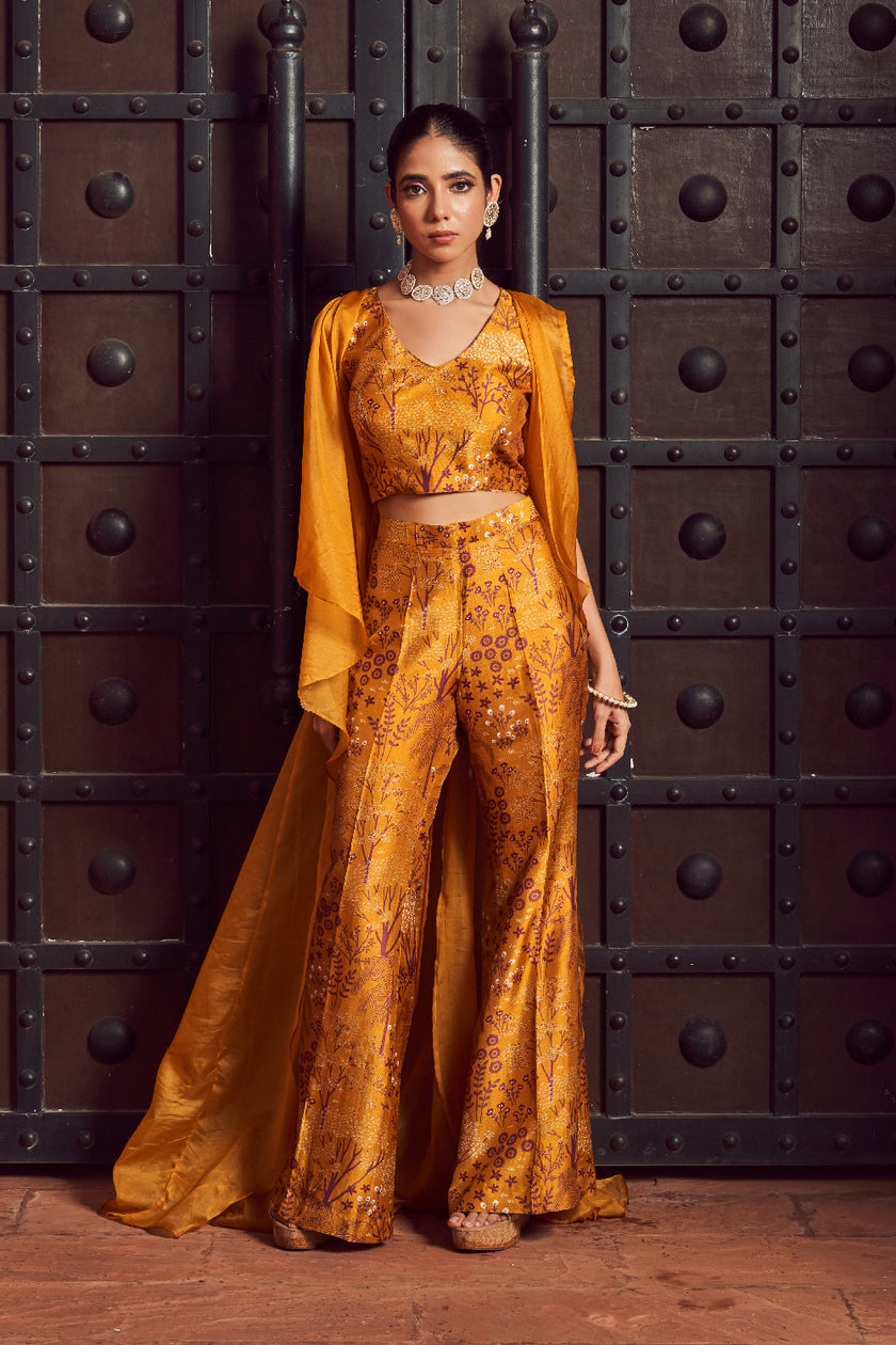 Mustard Silk Organza Printed Fusion Wear