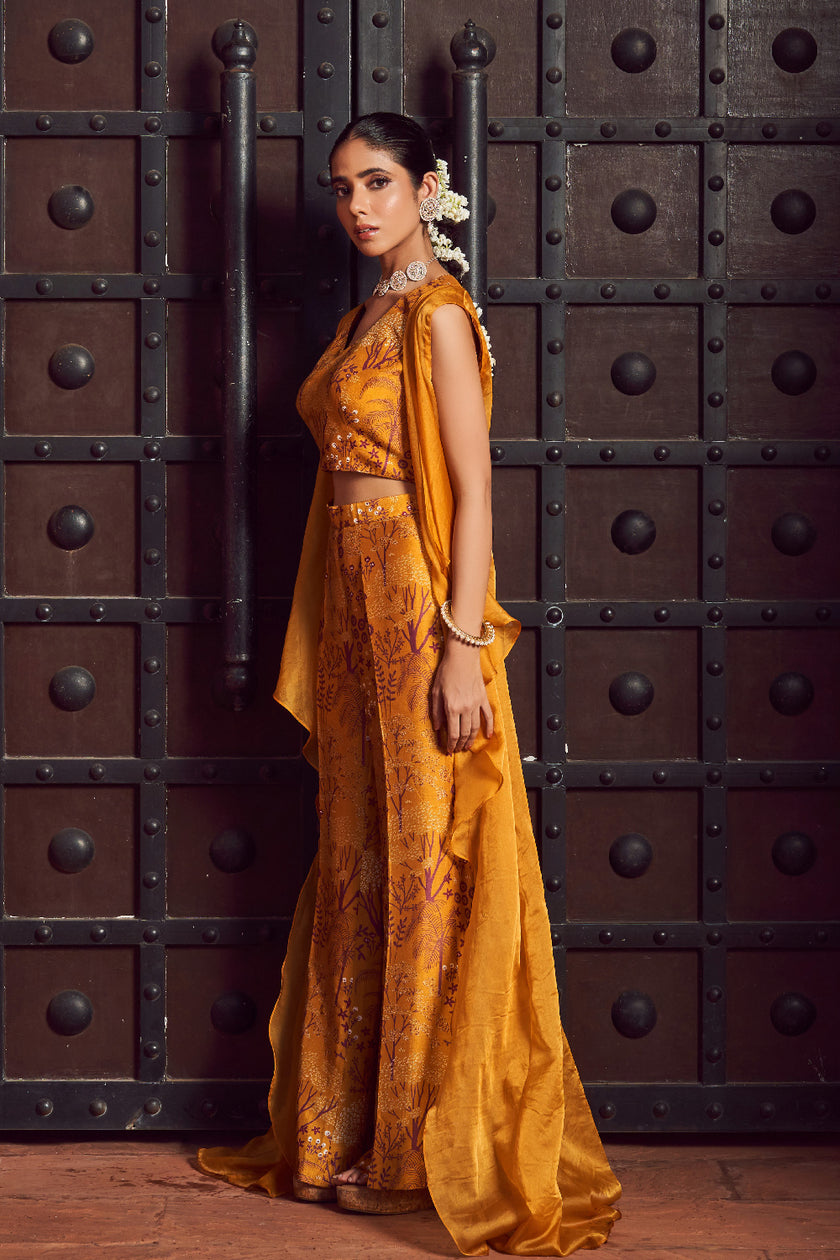 Mustard Silk Organza Printed Fusion Wear
