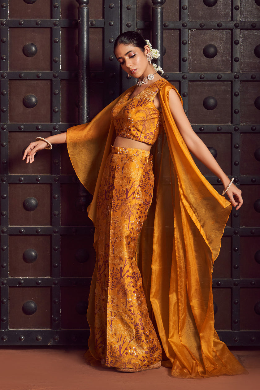 Mustard Silk Organza Printed Fusion Wear