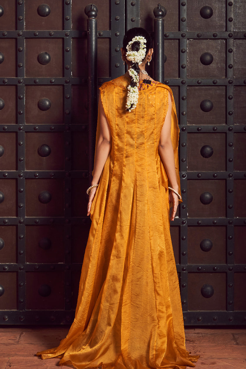 Mustard Silk Organza Printed Fusion Wear