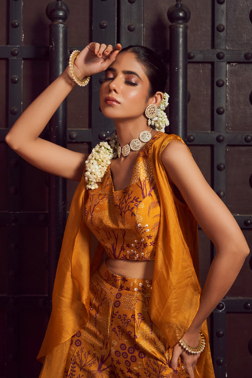 Mustard Silk Organza Printed Fusion Wear