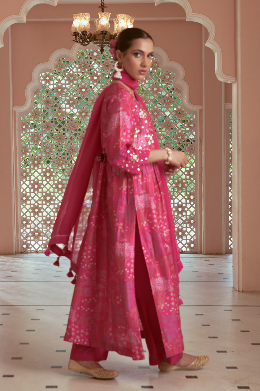 Pink Silk Organza Printed and Embroidered kurta Set