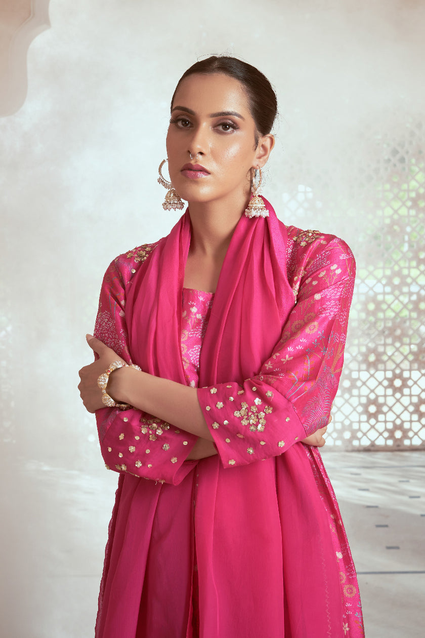 Pink Silk Organza Printed and Embroidered kurta Set
