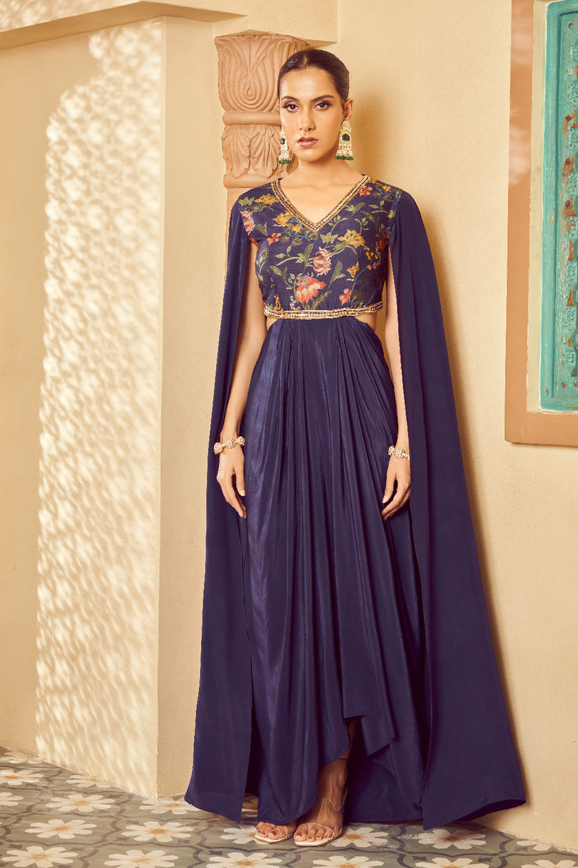 Blue Silk Embroidered Fusion Wear