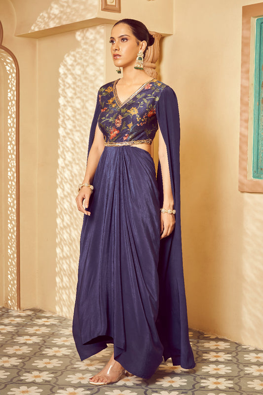Blue Silk Embroidered Fusion Wear