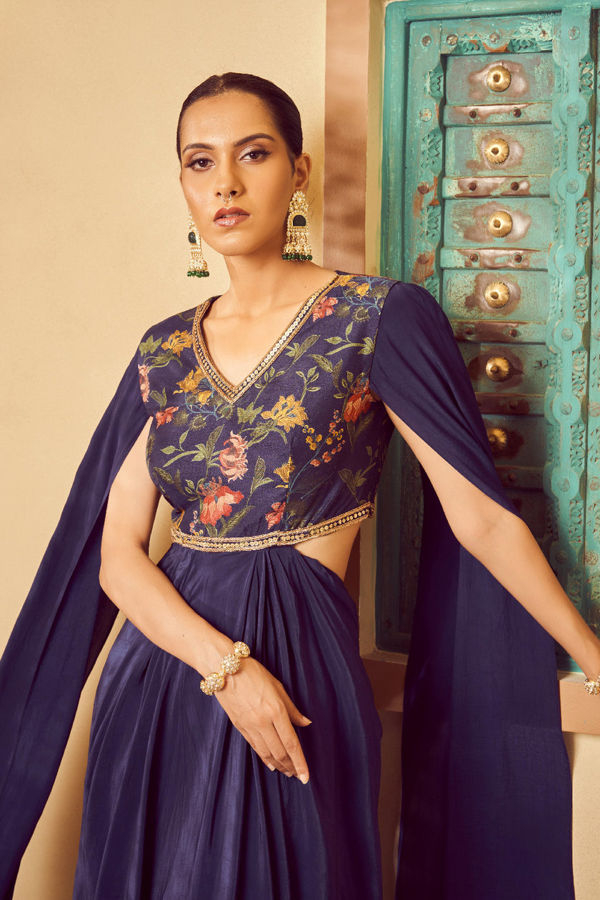 Blue Silk Embroidered Fusion Wear